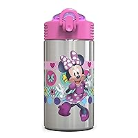 Zak Designs Disney Minnie’s Happy Helpers - Stainless Steel Water Bottle with One Hand Operation Action Lid and Built-in Carrying Loop, Kids Water Bottle with Straw Spout (15.5 oz, 18/8, BPA Free)