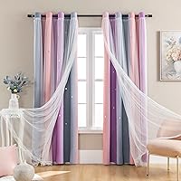 Dream Star Blackout Curtains for Kids Rooms Girls Princess Curtain for Bedroom Window 84 inches Long (Grey Pink Purple, W52 X L84)