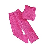 Milumia Girl's 2 Piece Outfits Textured Crew Neck Tank Top and Long Pants Matching Sets