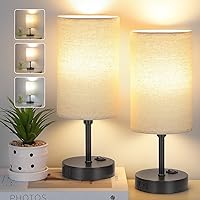 GGOYING Bedside Table Lamp,3-Way Dimmable Bedside Lamps 2700K 3500K 5000K with AC Outlet,Beige Cylindrical Lampshade for Livingroom Office Reading Working Kid