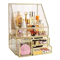 MOOCHI Golden Vintage Glass Cosmetic Makeup Organizer 3 Drawers Set Dust Waterproof Cosmetics Storage Display Case Countertop for Brushes Lipsticks Jewelry
