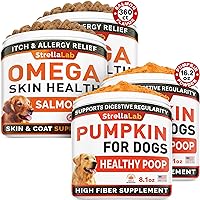 Omega 3 + Pumpkin Dogs Bundle - Allergy &Itch Relief Skin&Coat Supplement + Stool Consistency and Softener - Dry Itchy Skin, Hot Spots Treatment + Diarrhea,Constipation - 360 ct + 16.2oz - Made in USA