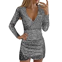 Christmas Party Dress for Women Sexy V Neck Ruched Bodycon Mini Glitter Cocktail Dresses Long Sleeve Sequin Dress