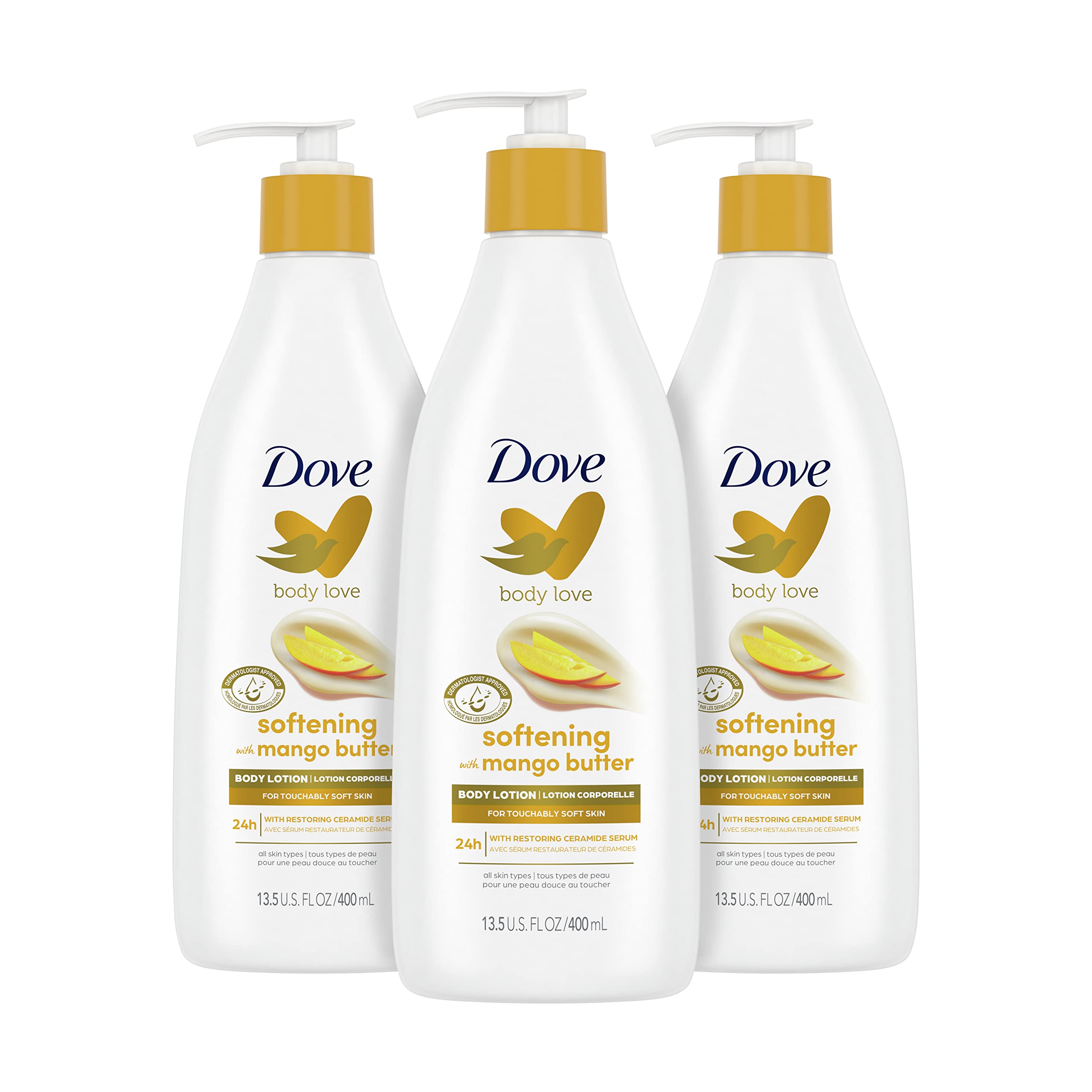 Dove Body Love Softening Body Lotion with Mango & Almond Pack of 3 For Touchably Soft Skin Butters Lotion for Dry Skin with Restoring Ceramide Serum 13.5 oz
