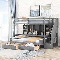 Twin XL Over Full Wood Bunk Bed with Storage Shelves and Drawers, Convertible into 2 Beds, Twin XL Loft Bed with Desk and Stairs&Full Bed Frame, for Kids Teens Boys Girls, Gray