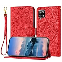 XYX Wallet Case for Samsung Galaxy A42 5G, Lychee Pattern Leather Flip Protective Cover with Card Slots Wrist Strap Shockproof Phone Case, Red