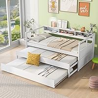 Twin XL Wood Daybed with 2 Twin Size Trundles, 3 Storage Cubbies, 1 Light for Free and USB Charging Design, No Box Spring Needed (White)