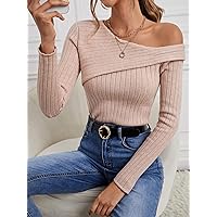 Sweaters for Women Asymmetrical Neck Ribbed Knit Sweater (Color : Baby Pink, Size : Medium)