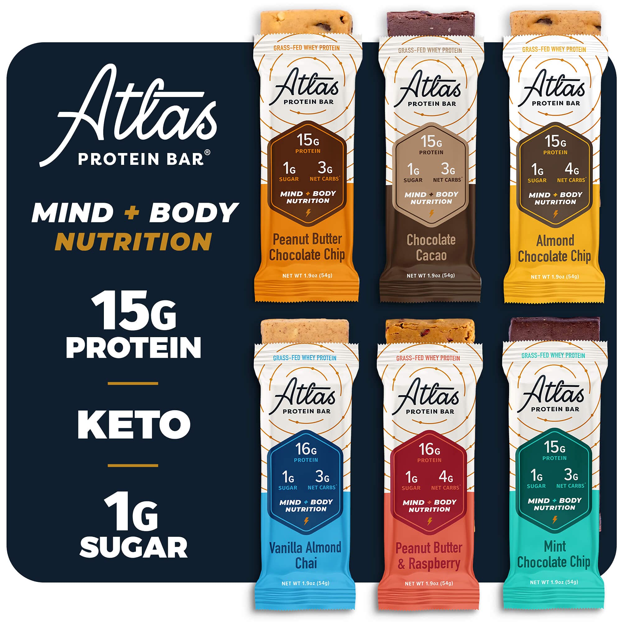 Atlas Protein Bar, 15g Protein, 1g Sugar, Clean Ingredients, Gluten Free, Value Pack (30 Count, 6 Flavors)