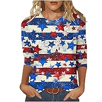 American Flag T Shirt for Women 4th of July Tops Patriotic Star Striped Print Blouses 3/4 Length Sleeve Independence Day Tee