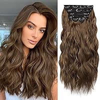 WECAN Clip in Synthetic Hair Extensions Long Wavy 6PCS Thick Hairpieces Chestnut Brown Fiber Double Weft Natural Hair Extensions 20 Inch for Women