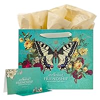 Christian Art Gifts Large Landscape Scripture Gift Bag for Women & Friends w/Card & Tissue Paper Set: Sweet Friendship - Prov. 27:9 Inspirational Bible Verse, Butterfly Multicolor Floral, Teal & Gold