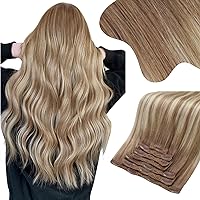 Moresoo Clip in Extensions Real Human Hair Ombre Light Brown Mixed with Golden Blonde Hair Extensions Clip in Human Hair Double Weft Clip in Hair Extensions Full Head Set 7pcs/150g 24inch