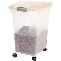 IRIS USA 58 Lbs / 67 Qt WeatherPro Airtight Pet Food Storage Container with Attachable Casters, For Dog Cat Bird and Other Pet Food Storage Bin, Keep Fresh, Translucent Body, Almond/Clear