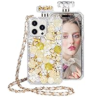 Losin Compatible with iPhone 14 Pro Max Bling Case Luxury Glitter Perfume Bottle Case with Lanyard Strap Cute 3D Sparkle Rhinestones Diamond Flowers Pearl Cover for Women and Girls, Yellow Rose