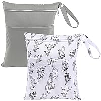 2Pcs Wet Dry Bags for Baby Cloth Diapers Washable Cactus Travel Beach Pool Yoga Gym Bag with Two Zippered Pockets for Toiletries Swimsuits Wet Clothes