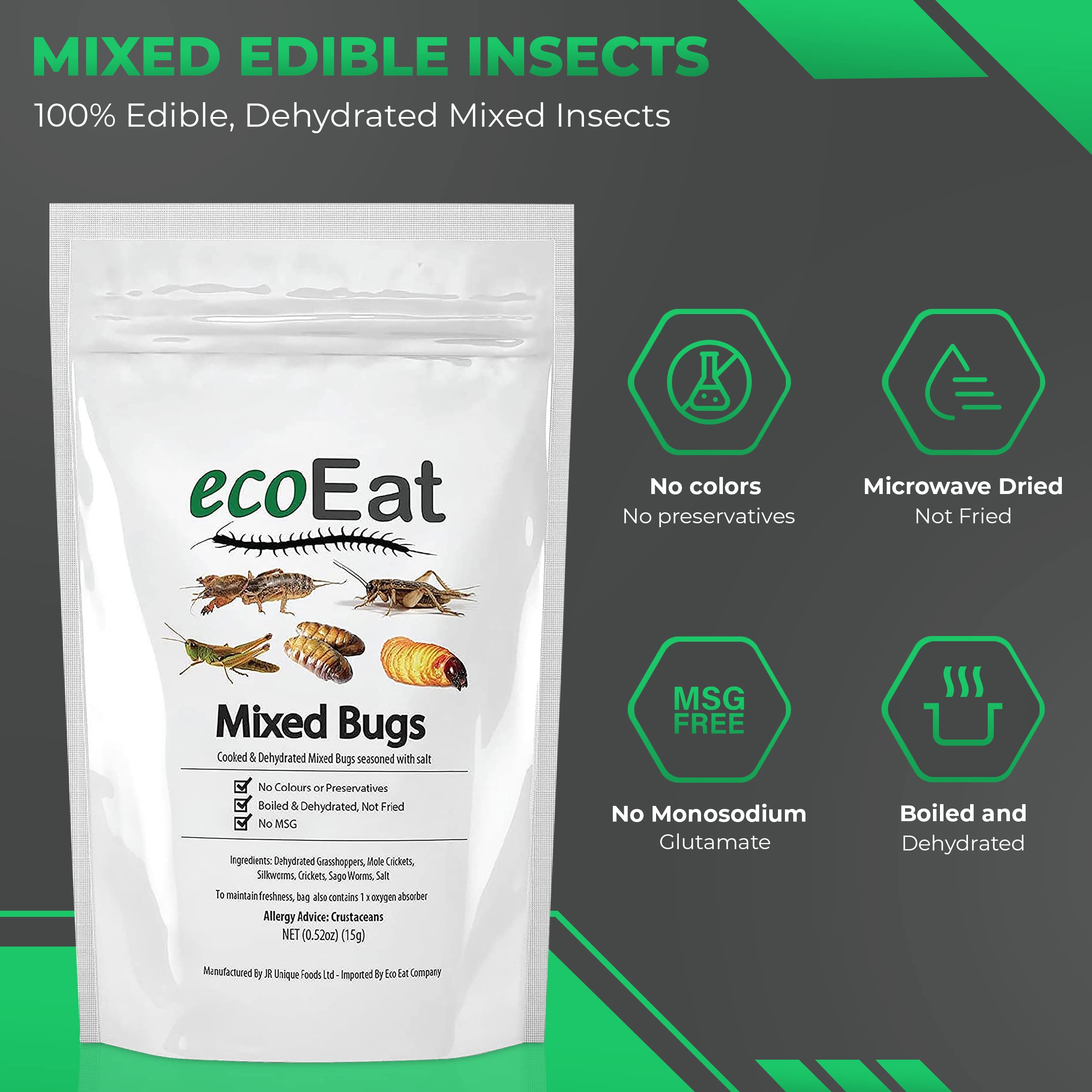 ecoEat Mixed Edible Insects to Eat- Edible Bugs Edible Dehydrated not Fried - Mixed Bugs (Dehydrated Grasshoppers, Mole Crickets, Silkworms, Crickets, Sago Worms)