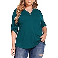 Halife Womens Plus Size Tops Roll Up 3/4 Sleeve Shirts Button V Neck Plus Tunic Tops Blouses XL-5X