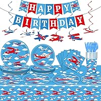 184pcs Airplane Birthday Party Supplies Set Includes Airplane Plates Napkins Tablecloth Swirl Banner Tableware Kit Dispose Airplane Birthday Table Decorations Favors, Serve 25