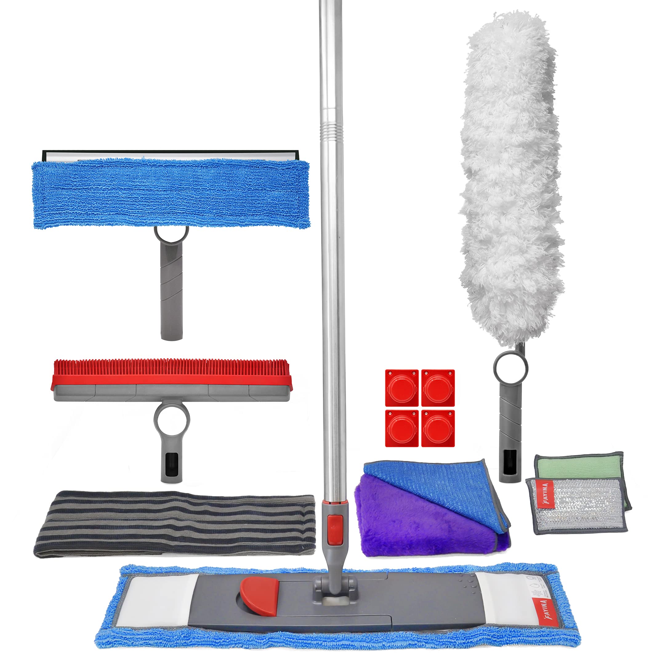FAYINA Ultimate Cleaning System Kit - Wet Flat Floor Mop, Rubber Brush, Microfiber Duster, Window Cleaner w/ Squeegee, 2 Microfiber Cloths and 2 Dish Sponges