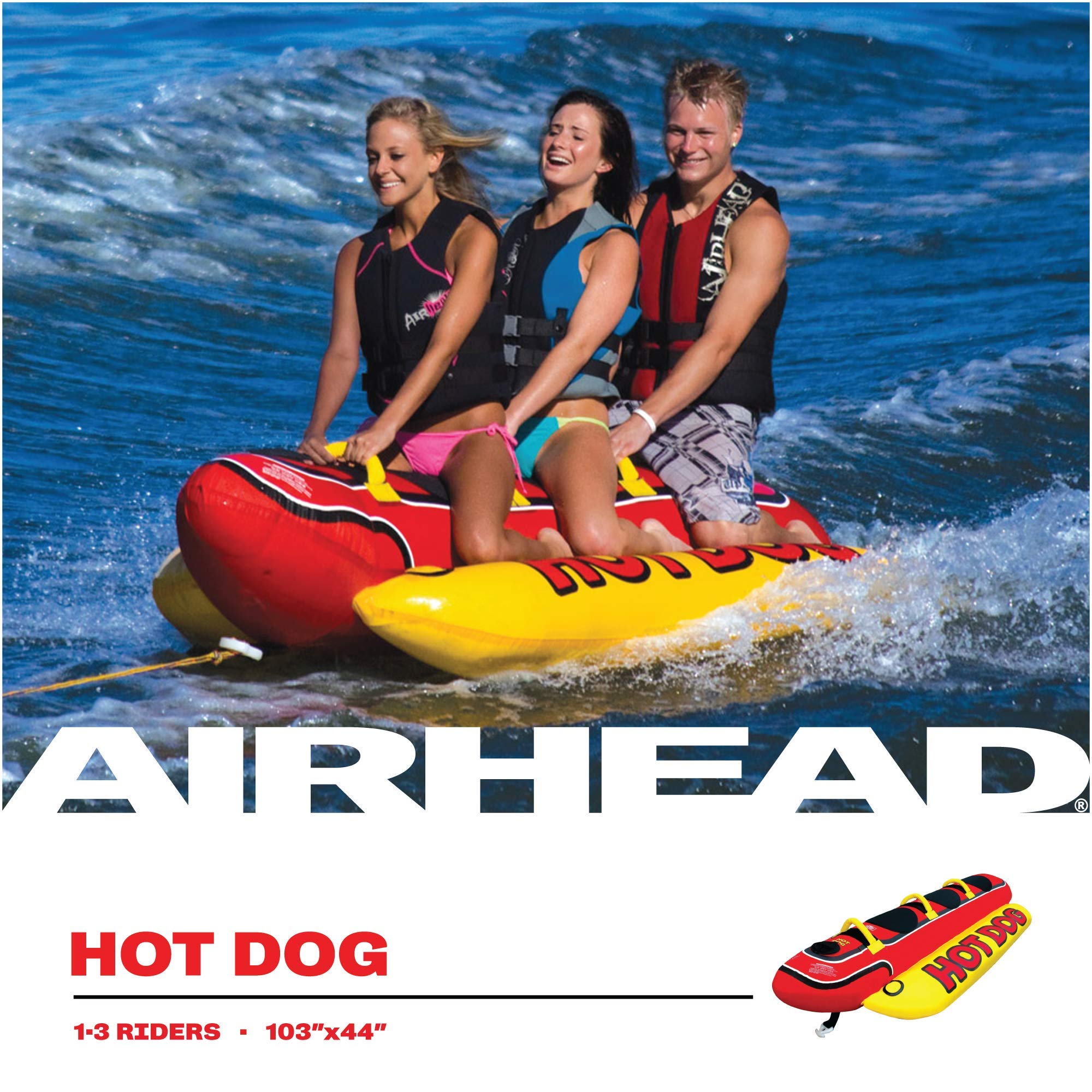 Airhead Hot Dog Towable | 1-3 Rider Tube for boating and Water Sports, Neoprene Seat Pads, Double-Stitched Full Nylon Cover, and Boston Valve for Convenient Inflating & Deflating