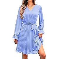 PRETTYGARDEN Women's Casual Spring Fall Dresses Long Puff Sleeve V Neck Pleated Ruffle Flowy Belted Dress