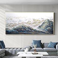 Large Mountain Canvas Wall Art for Living Room-Framed Gold and Blue Landscape Oil Painting for Bedroom-Modern Forest Wall Decor for Office Kitchen Ready to Hang 28x56inches