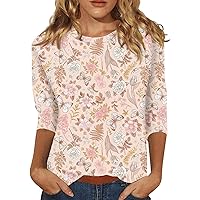 Womens Summer Tops 3/4 Sleeves Crewnecks Vintage Shirts Oversized Floral Graphic Tees Lightweight Dressy Casual Blouses