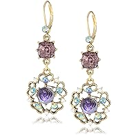Betsey Johnson Carved Flower Medallion & Crystal Gem Drop Earrings,Purple