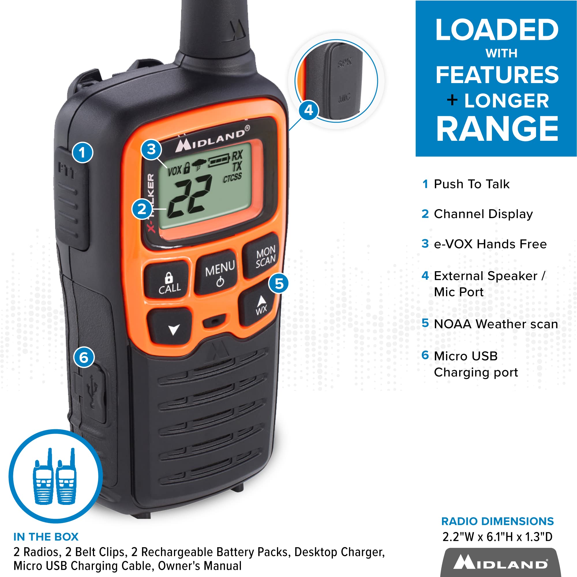 Midland- T51VP3 X-TALKER Spotting and Recovery Walkie-Talkie Long Range - FRS Two Way Radio for kids Caravanning with NOAA Weather Scan + Alert, 38 Privacy Codes - Black/Orange - 2 Pack of Radios