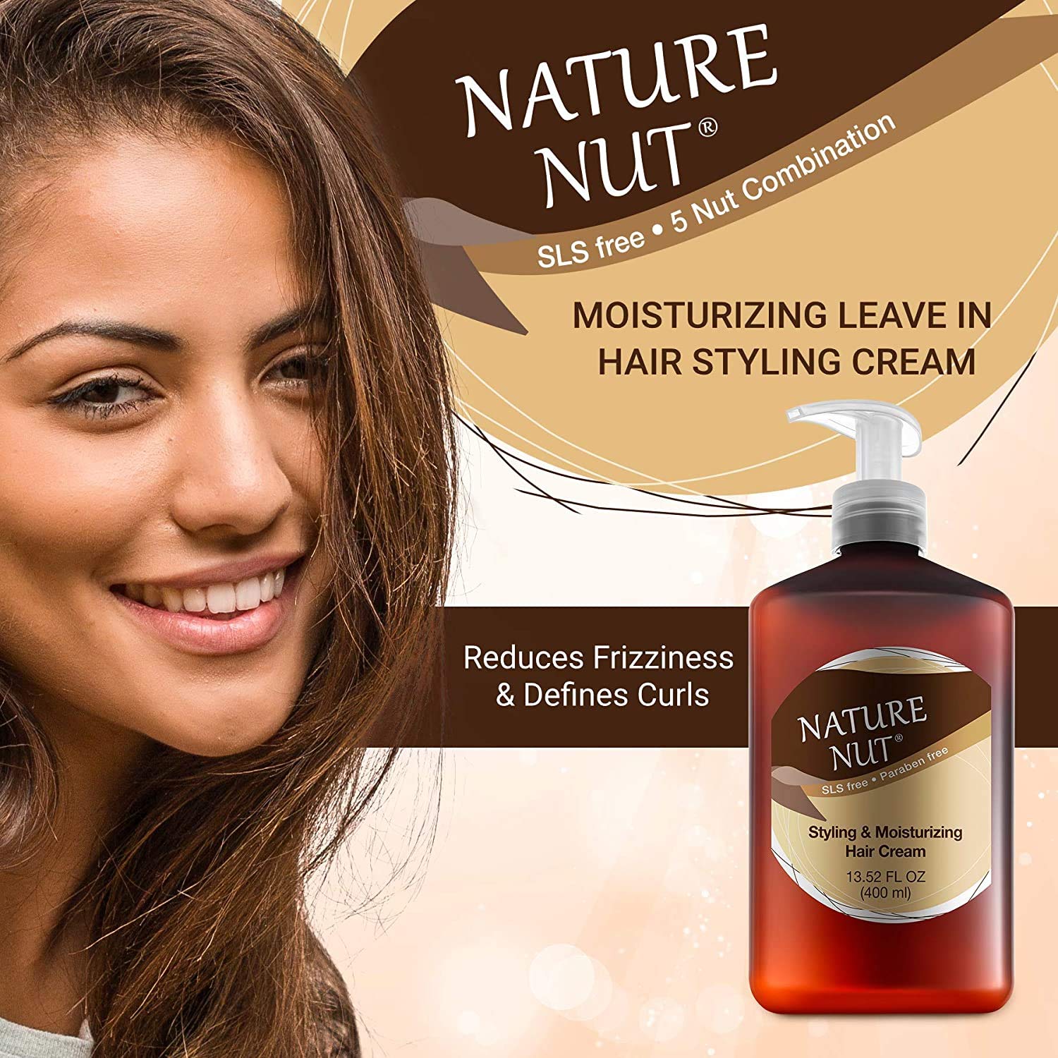 Nature Nut Leave In Conditioner for Dry and Damaged Hair - 5 Nut Oil Curl Defining Styling Cream Hair Moisturizer Repair Treatment for Wavy Curly Hair