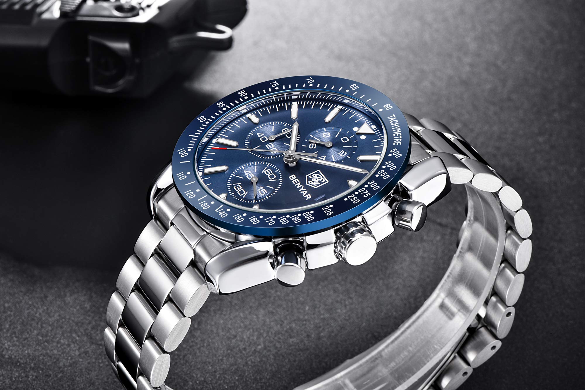 BENYAR Herren Uhr Chronograph Analogue Quartz Wasserdicht Business Schwarz/Blau Zifferblatt Armbanduhr mit Braunes Leder Armband