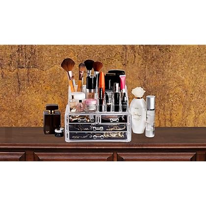 Masirs Clear Cosmetic Storage Organizer, Easily Organize Your Cosmetics, Jewelry & Hair Accessories, Looks Elegant Sitting on Your Vanity, Bathroom Counter or Dresser, Clear Design for Easy Visibility