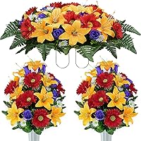 XONOR Artificial Cemetery Flower Saddles, Cemetery Memorial Flowers with Vase for Grave Tombstone Decorations, Lily Rose Gerbera Headstone Flowers Saddle (1 Saddle 2 Bouquets)