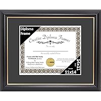 11x14 Black Diploma Frame with Gold Lip, Black Mat Full Strength Glass & Installed Wall Hangers for School Graduation Diploma, Licenses, Documents, Certificates, and More
