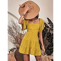 Summer Dresses for Women 2022 Criss Cross Front Cut Out Zip Back Ruffle Hem Dress (Color : Mustard Yellow, Size : XS)