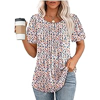 Long Sleeve Shirts for Women,Womens Tops Scooped Neck Pleated Solid Color Elegant Tunic Blouse 2024 Summer Short Sleeve Loose Fit Shirts Tall Womens Tops Short Sleeve