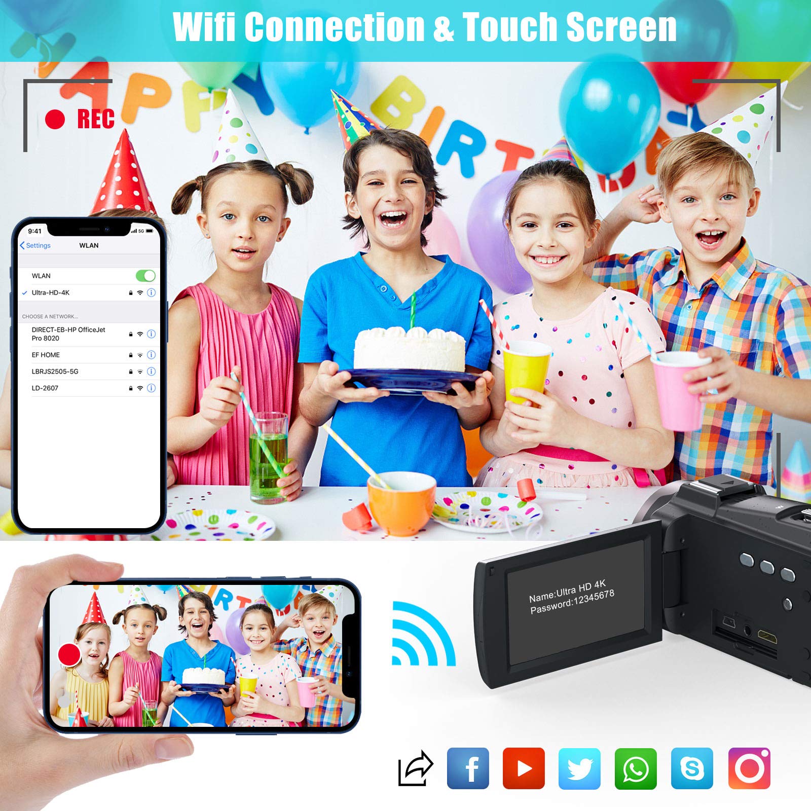 2021 New Upgraded Video Camera Camcorder, 4K WiFi Ultra HD 48MP Vlogging Recorder with IPS Touch Screen, IR Night Vision Digital Camcorder with Stabilizer, Mic, Remote Control, Lens Hood, 2 Batteries