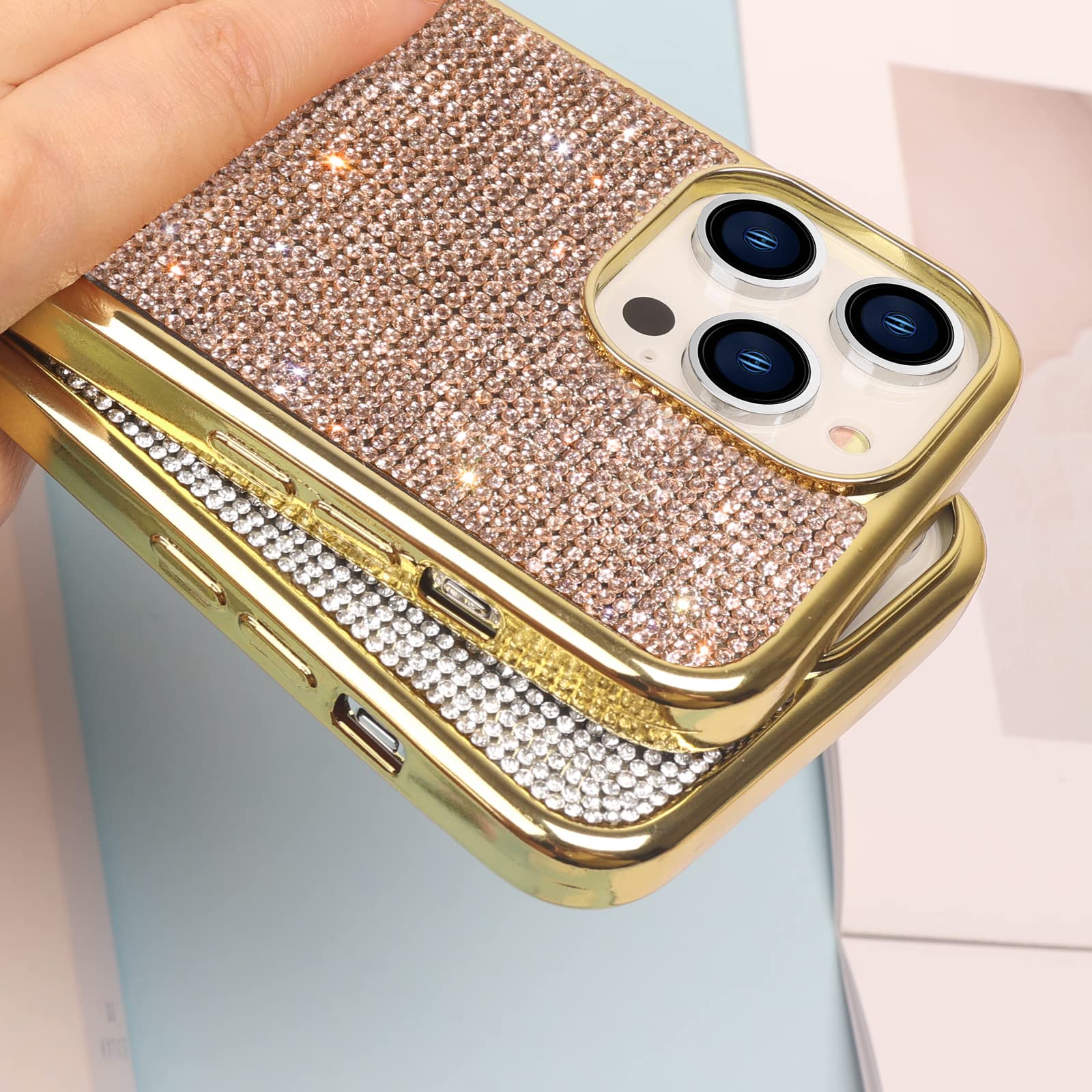 LUVI Compatible with Cute iPhone 14 Pro Max Bling Diamond Case Glitter for Women 3D Rhinestone Crystal Shiny Sparkly Protective Cover with Electroplate Plating Bumper Luxury Fashion Case Gold