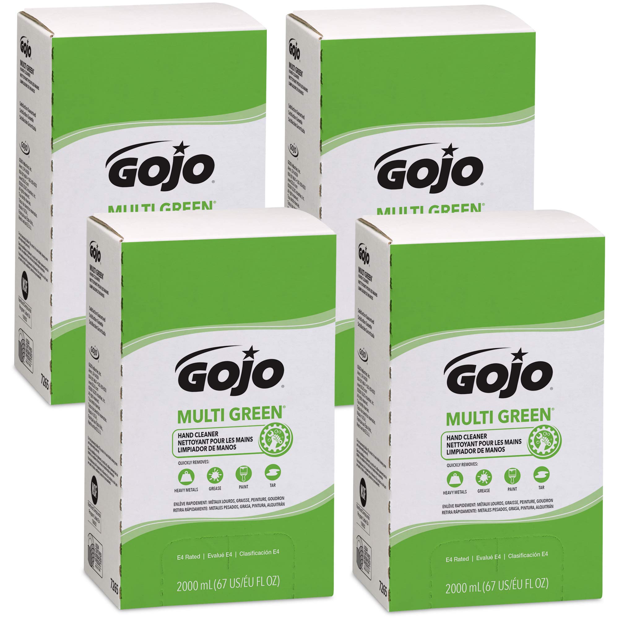 Gojo MULTI GREEN Hand Cleaner, Natural Citrus Solvent, 2000 mL, USDA Certified Biobased Product Hand Cleaner with Natural Pumice Refill PRO TDX Push Style Dispenser (Pack of 4) - 7265-04