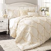 Lush Decor Avon Comforter Set - Romantic Farmhouse 3 Piece Bedding Set with Pillow Shams - Elegant Ruffle Ribbon & Soft Textured Design - Full/ Queen, Ivory