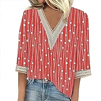 Women's Flattering 3/4 Sleeve Tops Casual Loose Shirts Lace Trims Print V Neck Tops T-Shirts Tee Shirts, S-3XL