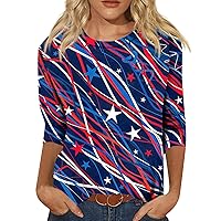 Summer Tops for Women 2024 Patriotic American Flag Outfits 3/4 Sleeve Top 4th of July Shirts Graphic Tunics Blouses