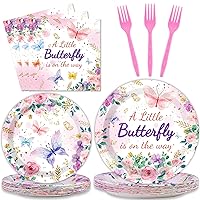 Butterfly Baby Shower Party Plates Napkins Supplies for 24 Guests,A Little Butterfly is On The Way Baby Girl Party Disposable Paper Tableware Pink Floral Princess Girl Dinnerware for Baby Shower 96Pcs