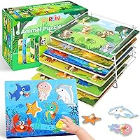 Wooden Puzzles for Toddlers 1-3, 6 Pack Peg Puzzles with Wire Puzzle Holder Rack for Kids, Learning Educational Puzzles for Baby Puzzles 12-18 Months, Savannah Ocean Animal Dinosaurs Montessori Toys