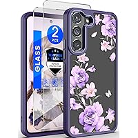 Dretal for Samsung Galaxy S22 5G Case Floral, Military Grade Drop Tested Hard Back & Soft Edge Slim Flower Women Girls Phone Protective Cover + Tempered Glass Screen Protector (Deep Purple)