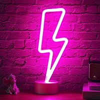 Lightning Bolt Neon Signs with Base, USB or Battery Powered Lightning Neon Lights for Bedroom, Pink Led Lightning Lamp for Girls Room, Kids Room, Game Room, Table Decor, Gifts for Girls