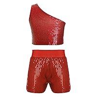 TiaoBug Kids Girls Sequins 2 Piece Athletic Outfit One Shoulder Dance Crop Top with Shorts Set Performance Dancewear