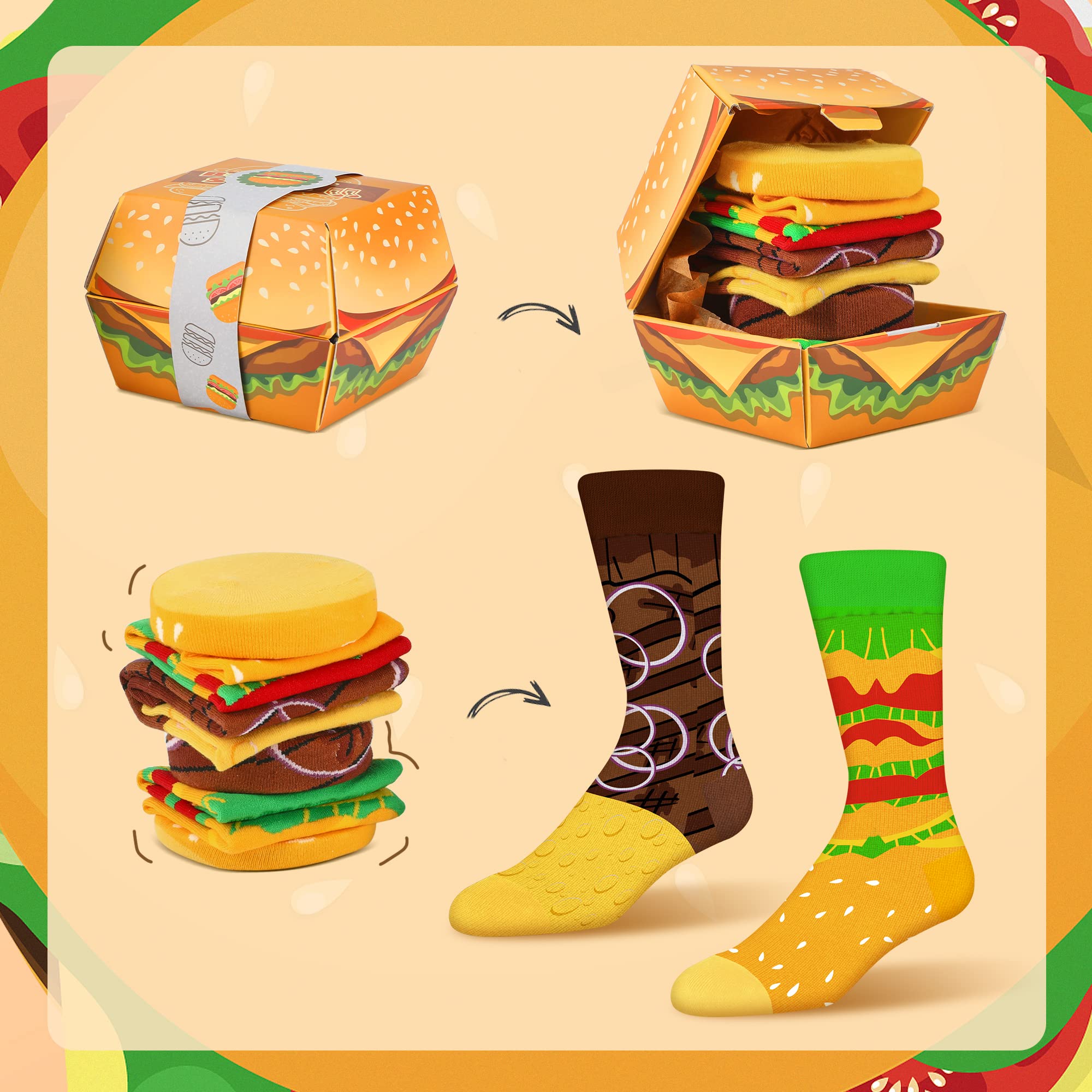 Funny Food Burger Socks Box - Novelty Funny Food Socks Birthday Gag Chirstmas Gifts for Men Women Teen Boys 2 Pairs