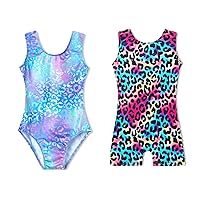 Domusgo Leotards for Girls Gymnastics Size 5-6 Years Old Sparkly Purple Sleeveless Outfit Pro Gym Rainbow Leopard Biketard with Shorts for Children Jazz Party